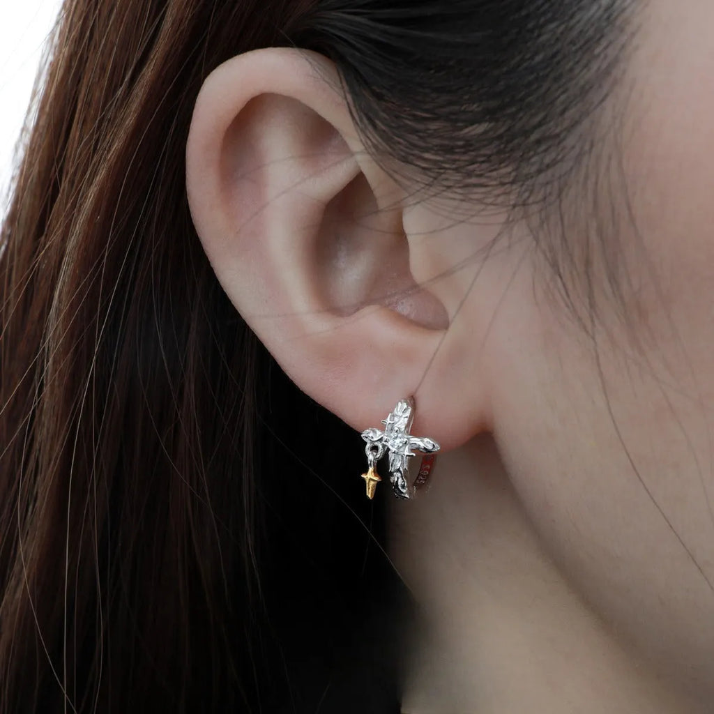 925 silver geometric cross earrings with white gold colour finish and rounded design elements