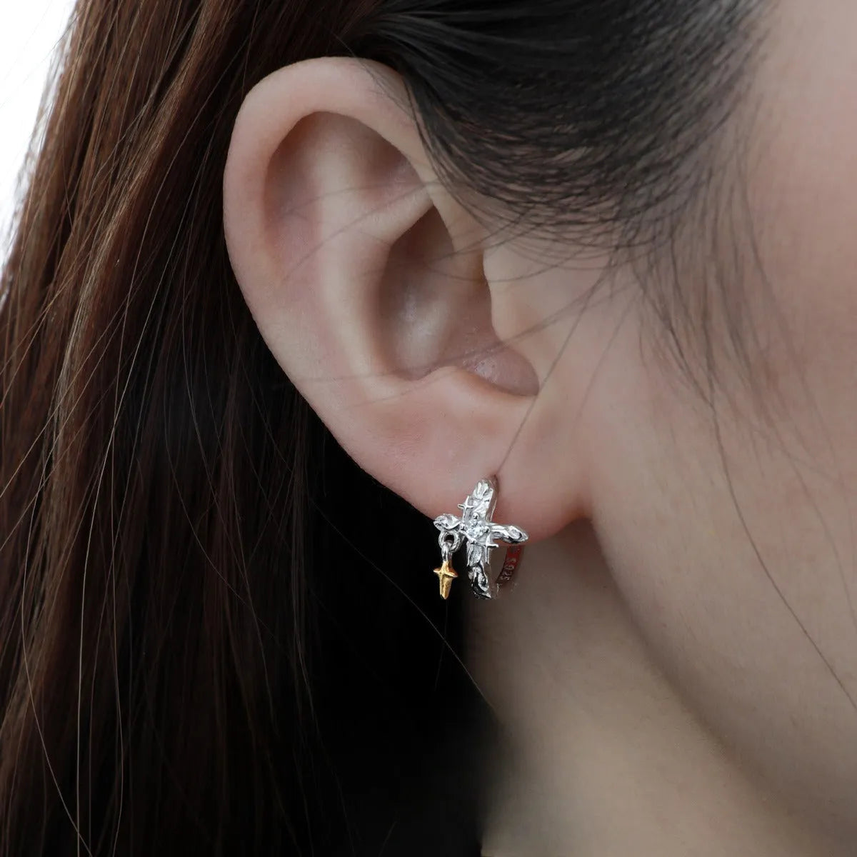 925 silver geometric cross earrings with white gold colour finish and rounded design elements