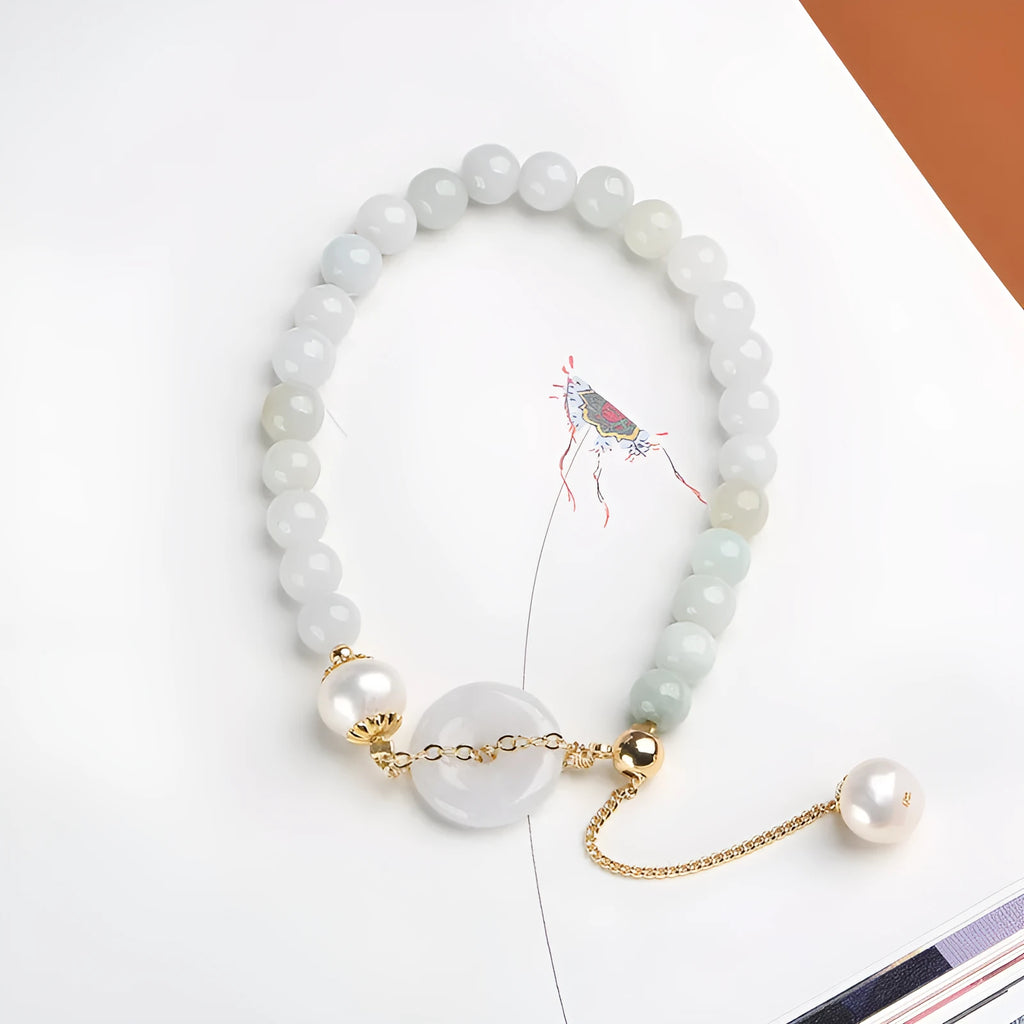 Natural emerald green jade peace buckle pearl bracelet for women with geometric design