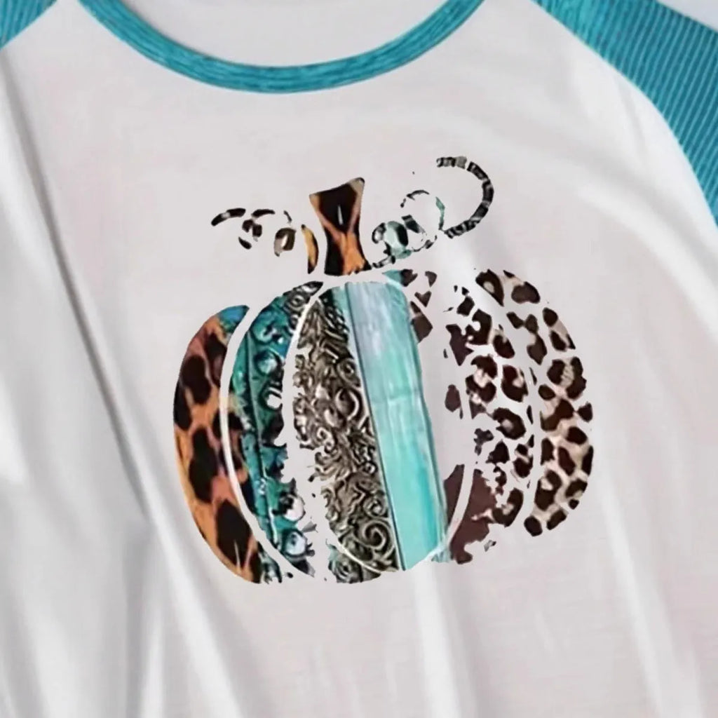 Sky blue Halloween T-shirt with detailed pumpkin digital print showing front view