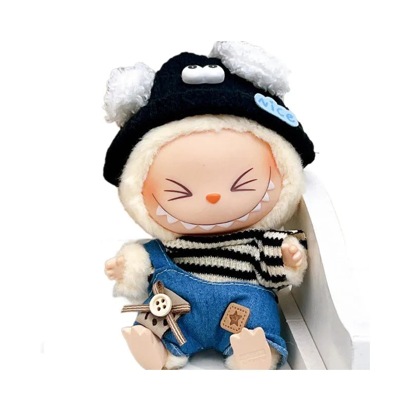 Labubu doll wearing striped puppy suit with denim suspender pants in polyester fabric