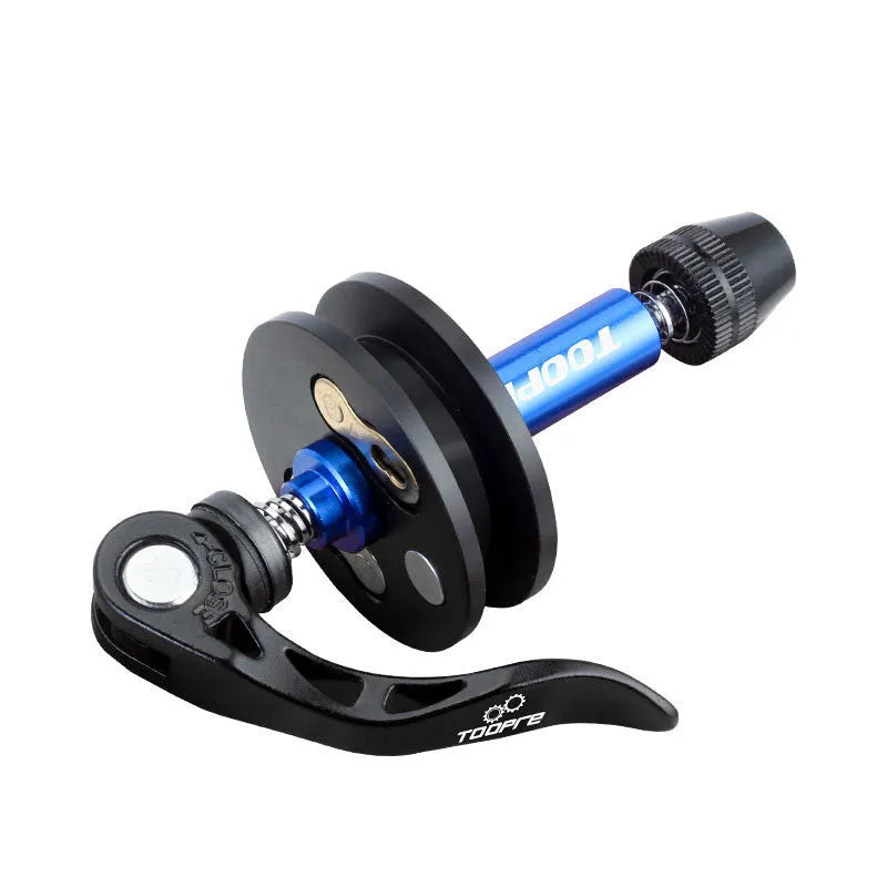 Aluminium bicycle chain holder and tensiometer tool in three versions: barrel shaft, basic, and quick release.