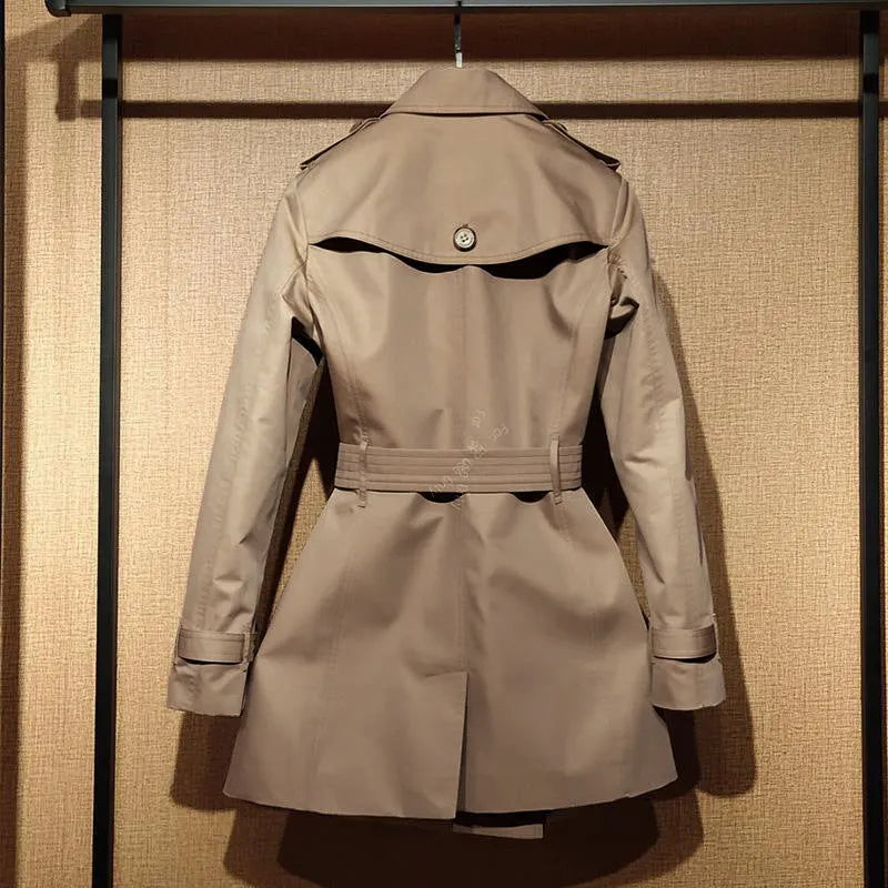 Khaki women's double-breasted polyester trench coat with long flight sleeves.