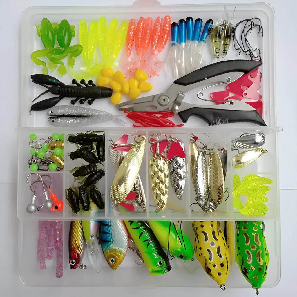 142-piece fishing lure set showing metal and plastic baits with sequins alongside fishing pliers