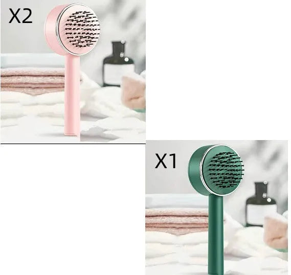 Plastic air cushion comb with long handle in white, green, and pink colours for hair detangling and styling