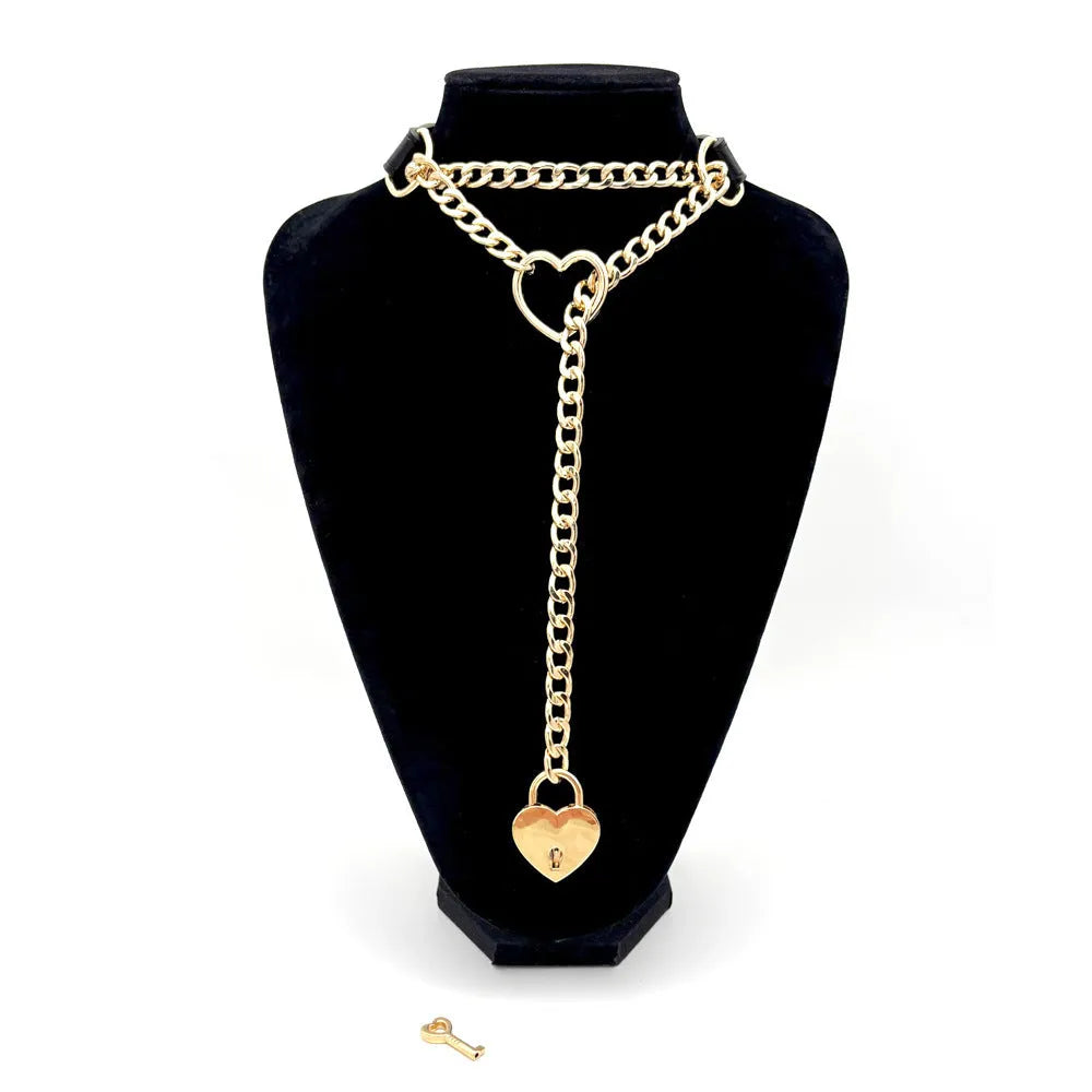 Leather traction collar in black with silver accents, necklace-style design for men and women