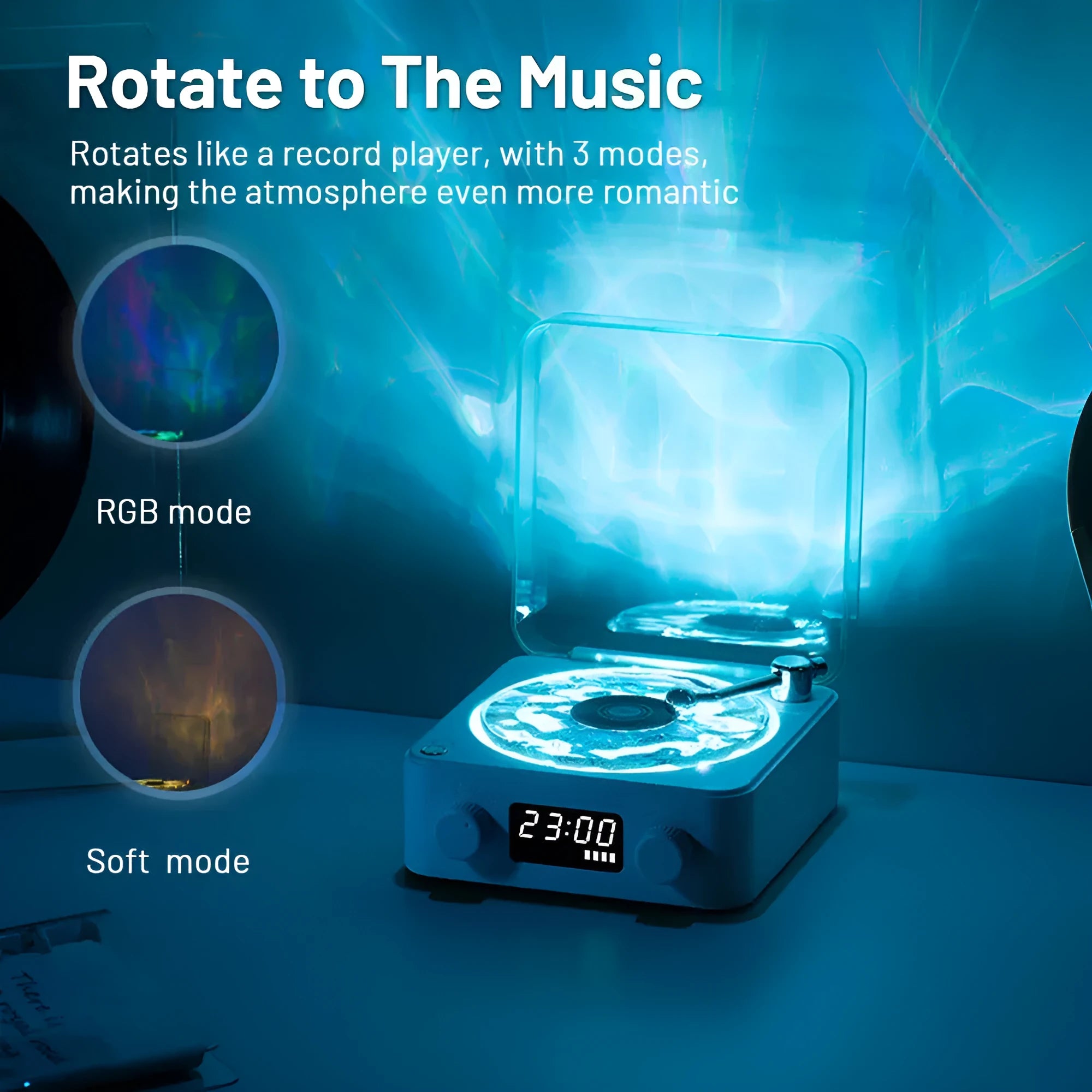 Retro turntable speaker with transparent water ripple turntable, Bluetooth 5.0, and white noise feature in a compact design