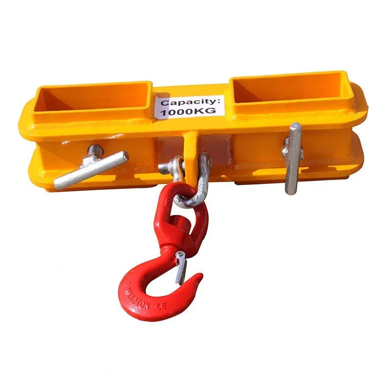 Iron rotatable drum crane locking hook for forklift attachment with safety lock.