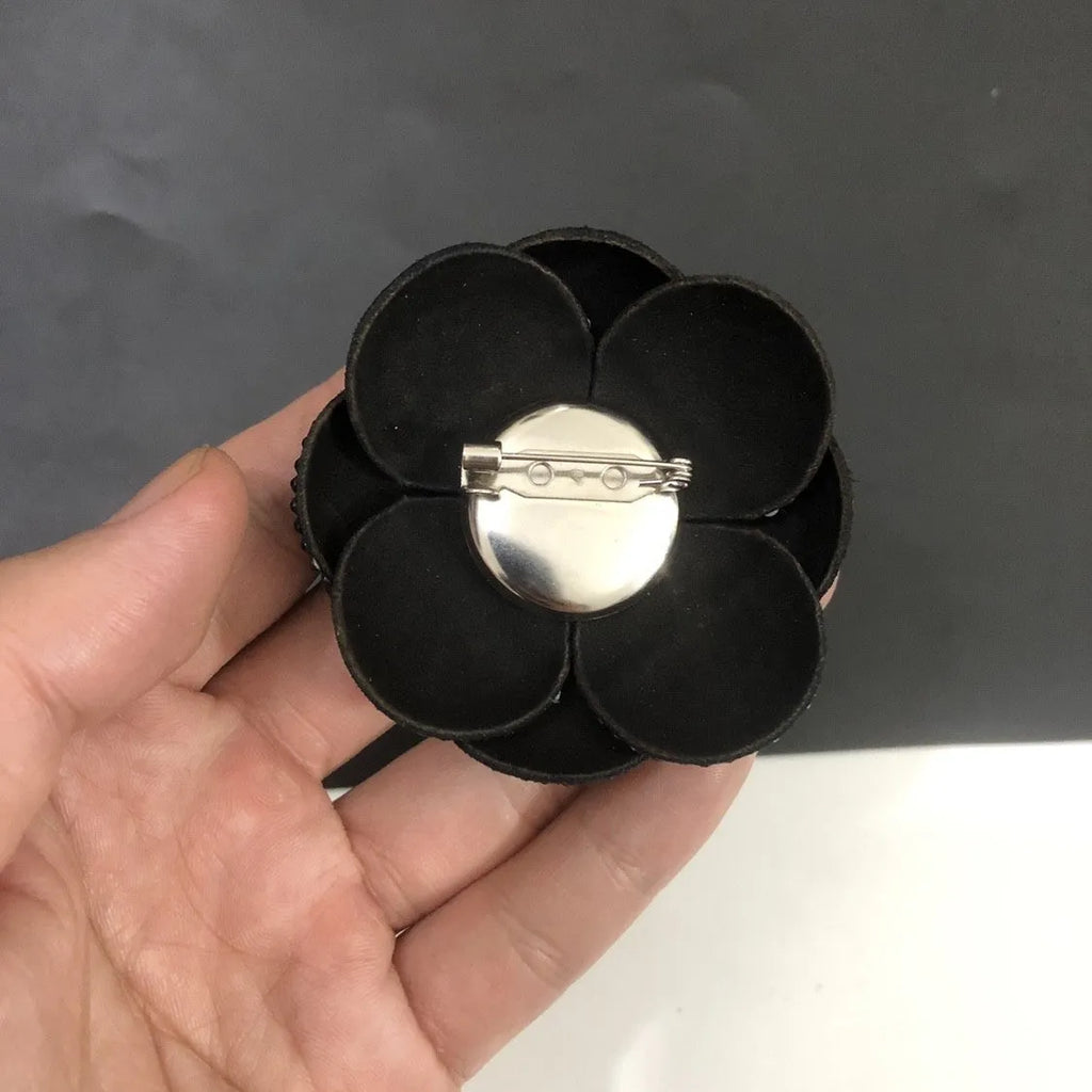 Genuine leather shoe ornament brooch with crystal accents in multiple colour options including black, apricot, and core white leather.