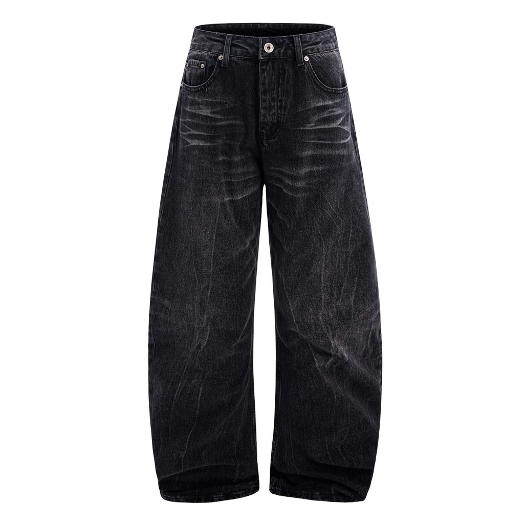 American washed old lightning crack straight-leg jeans in black cotton for men