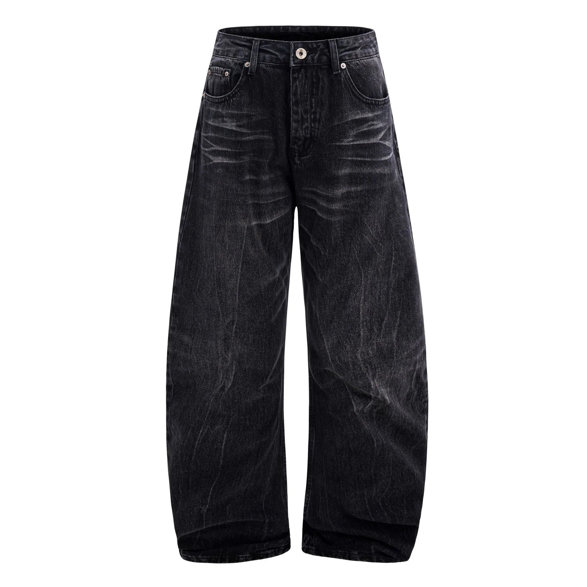 American washed old lightning crack straight-leg jeans in black cotton for men