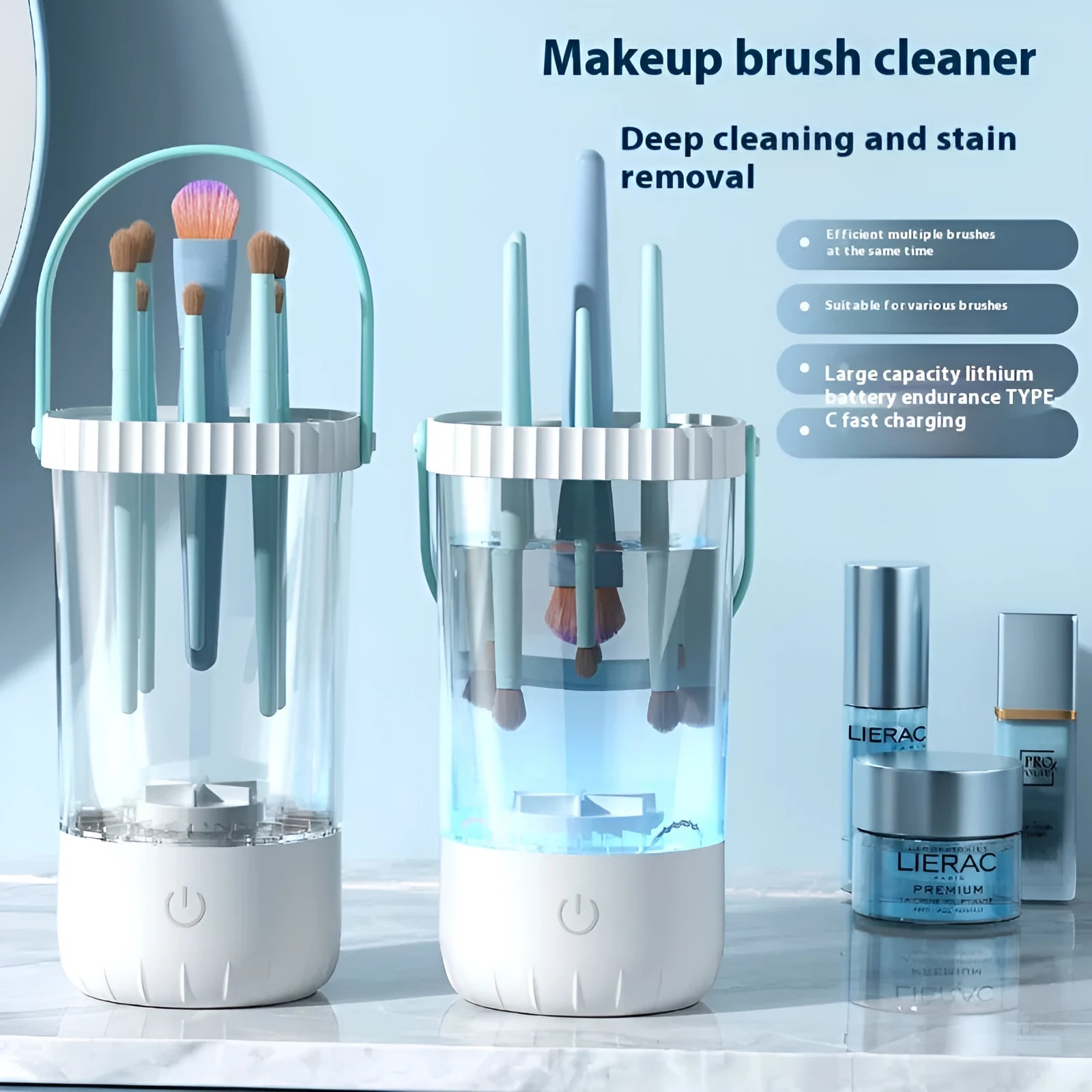 White plastic electric makeup brush cleaner with rechargeable battery and USB cable