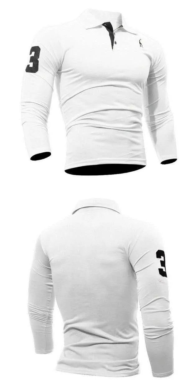 Men's long sleeve polo shirt in dark blue with embroidered deer and digital print, loose fit