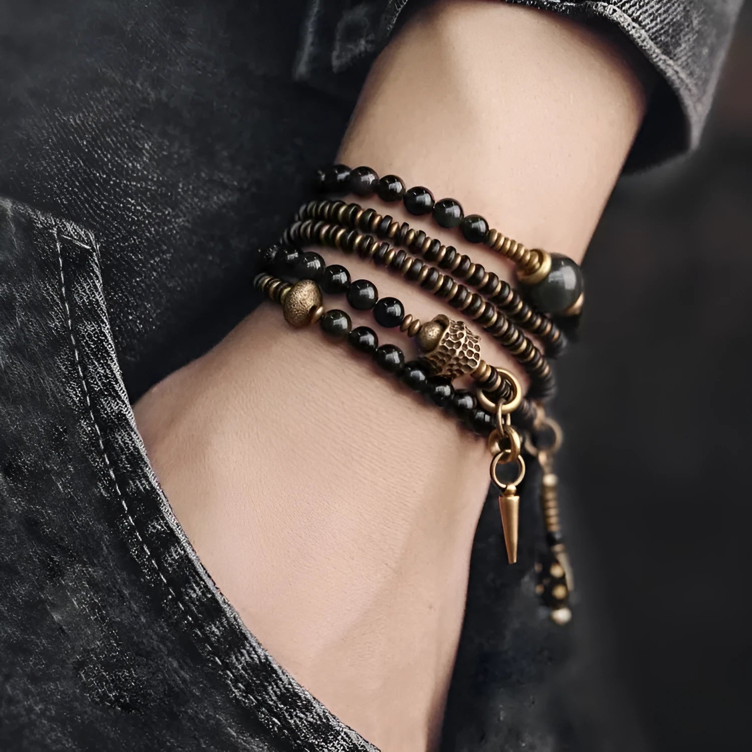 Black geometric layered bead bracelet with retro colourful design elements