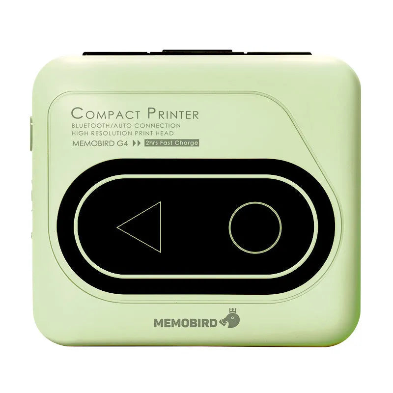 Compact Avocado Green coloured Bluetooth thermal printer for mobile phones with thermal paper and USB cable.
