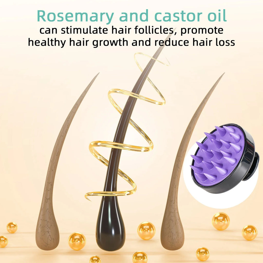 Hair treatment oil bottle with bright yellow liquid and included massage brush