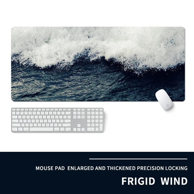 Large personalised cold style print desk mat and mouse pad on a wooden desk