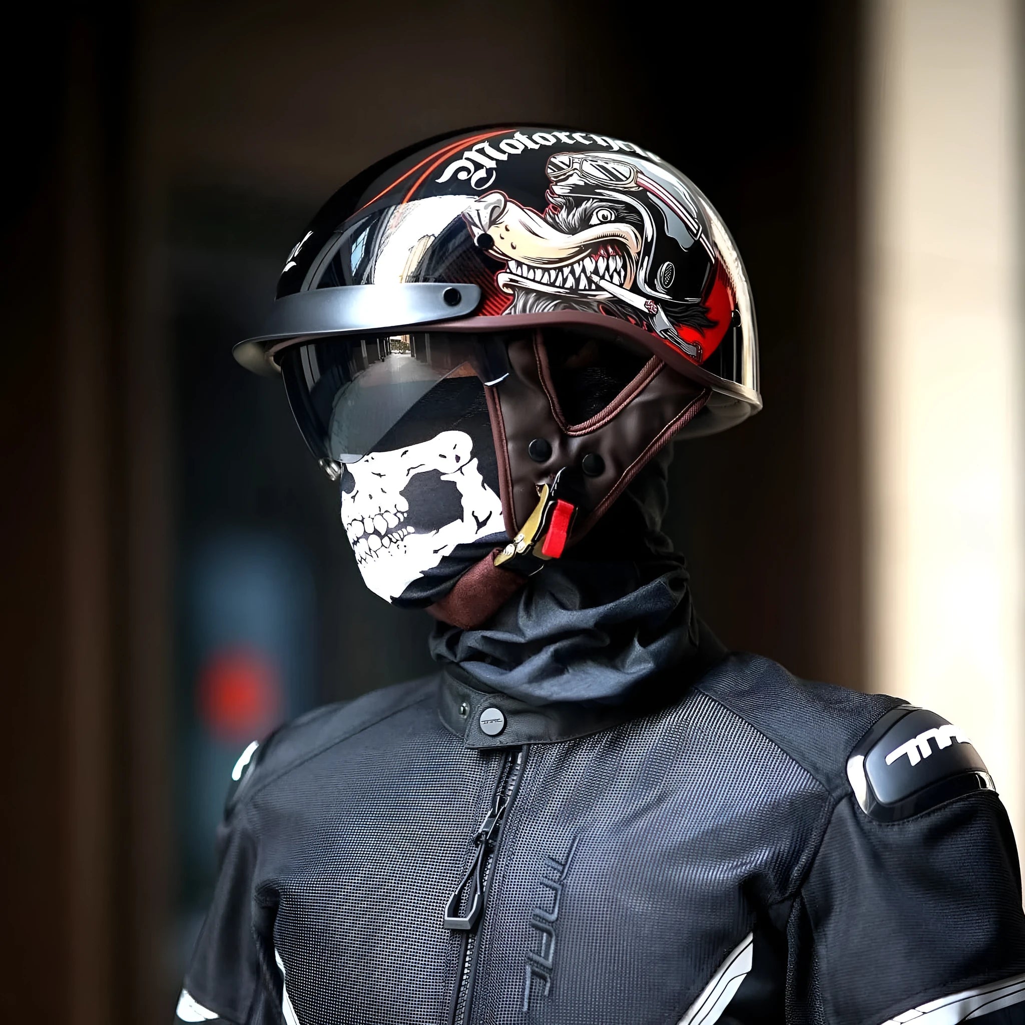 Retro electric motorcycle helmet in matte black with Whirlwind Dog graphic, shown on a rider.