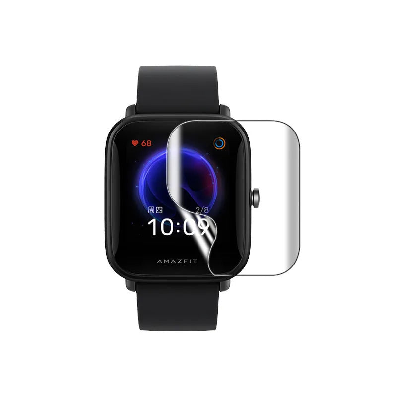 Amazfit Bip S smartwatch with clear TPU hydrogel screen protector applied, showing anti-scratch film pack.