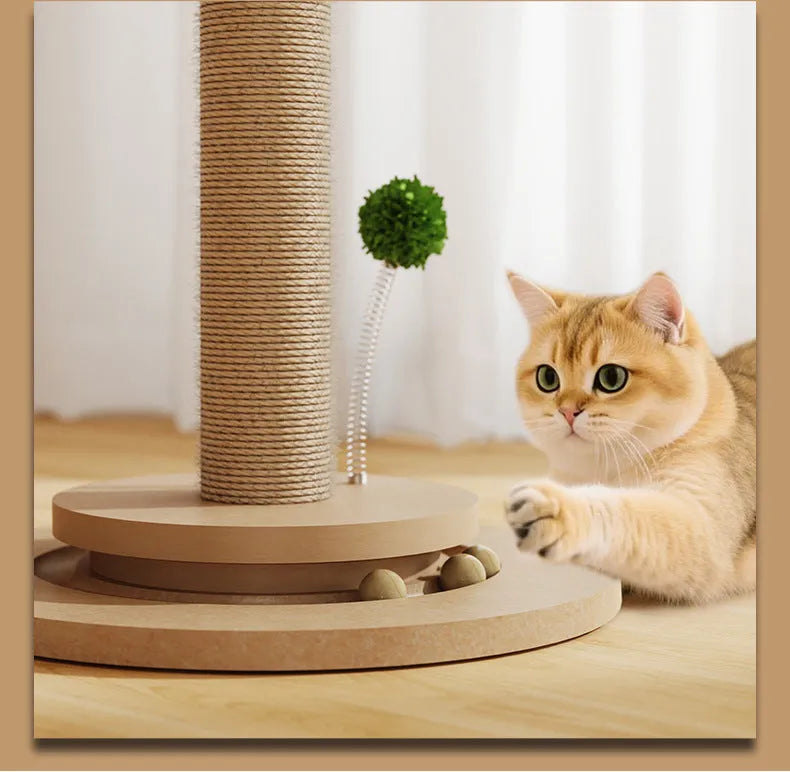 Vertical cat climbing frame with canna coloured chamfering grab column made from hemp rope