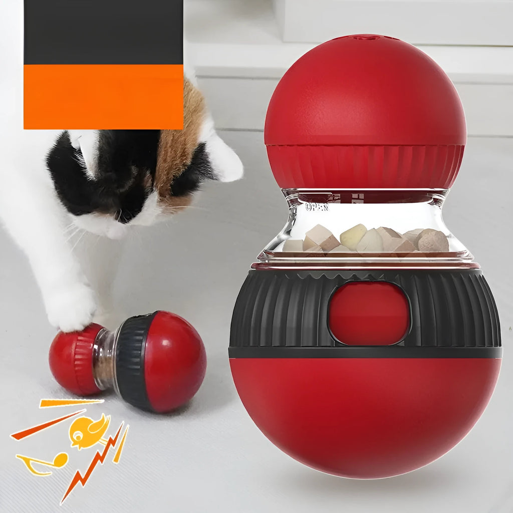 Rotating plastic cat toy with food dropping mechanism and sound effects