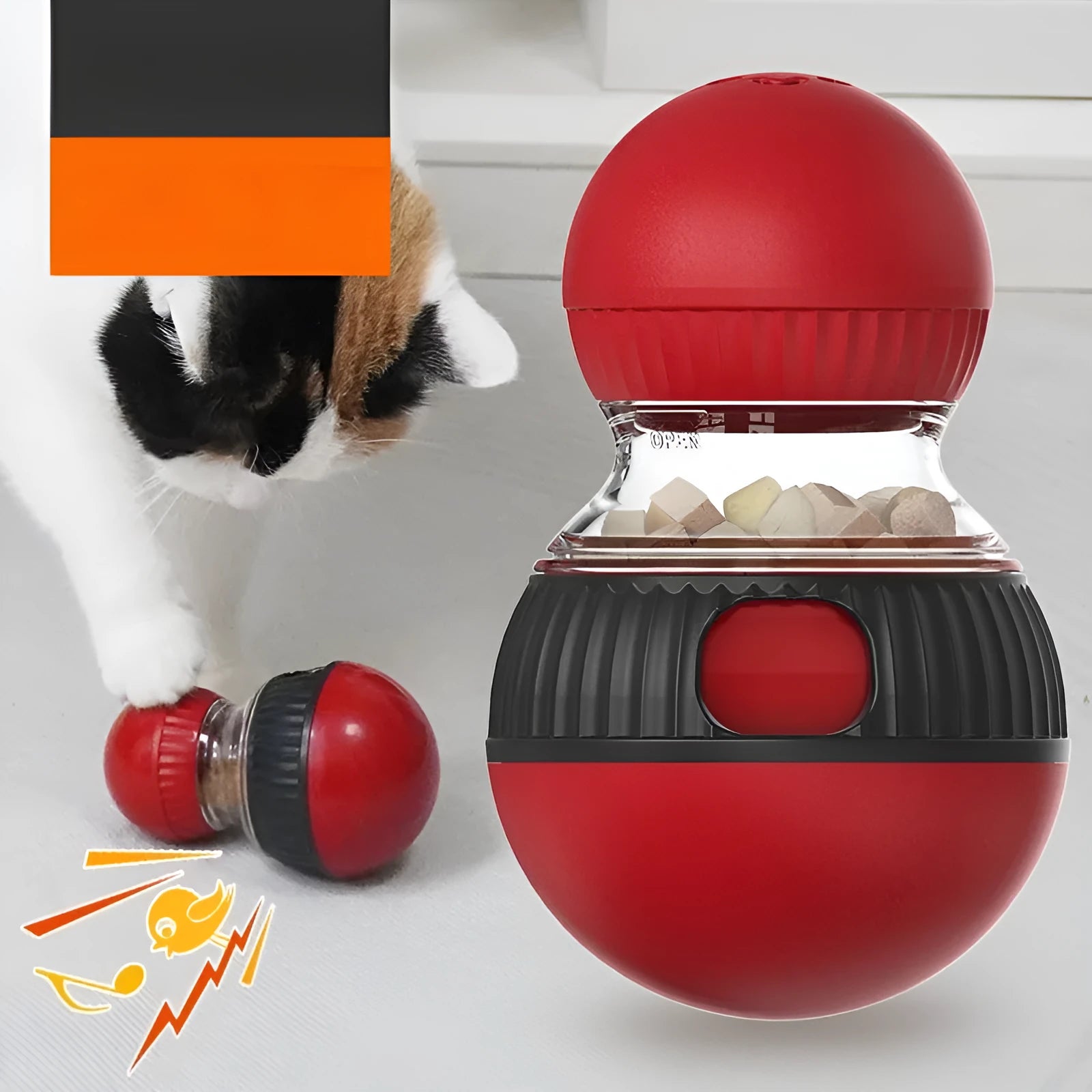 Rotating plastic cat toy with food dropping mechanism and sound effects