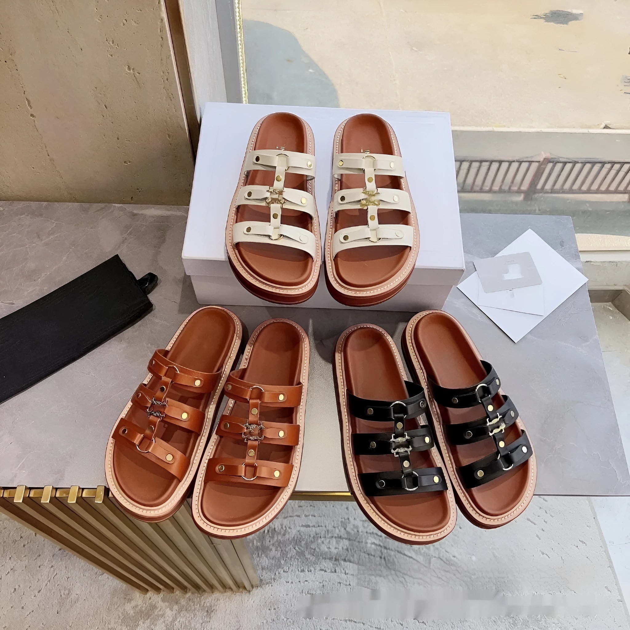 Women's Roman sandal slippers in patent leather sheepskin, shown in black, brown, and white.