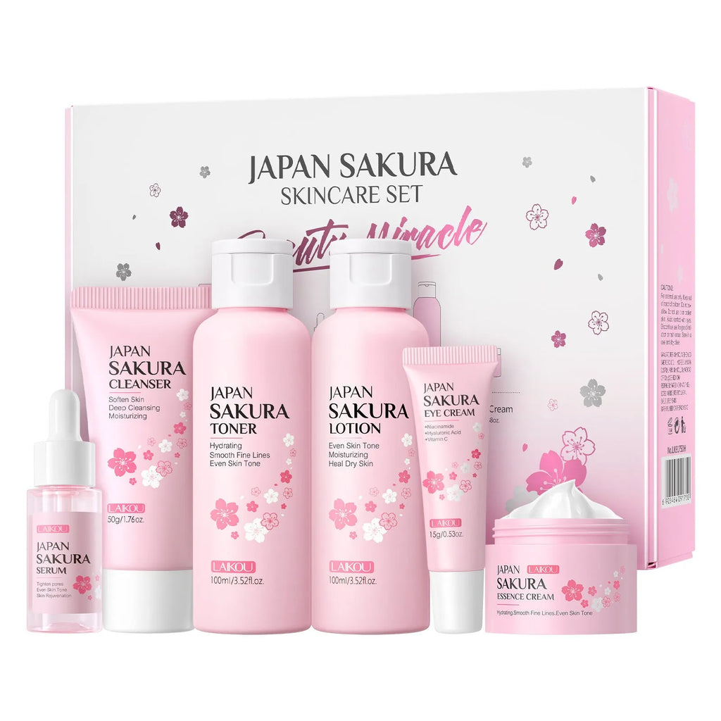 Cherry Blossom 6-piece skin care set with cleanser, toner, cream, essence, eye cream and cream for cleansing and brightening