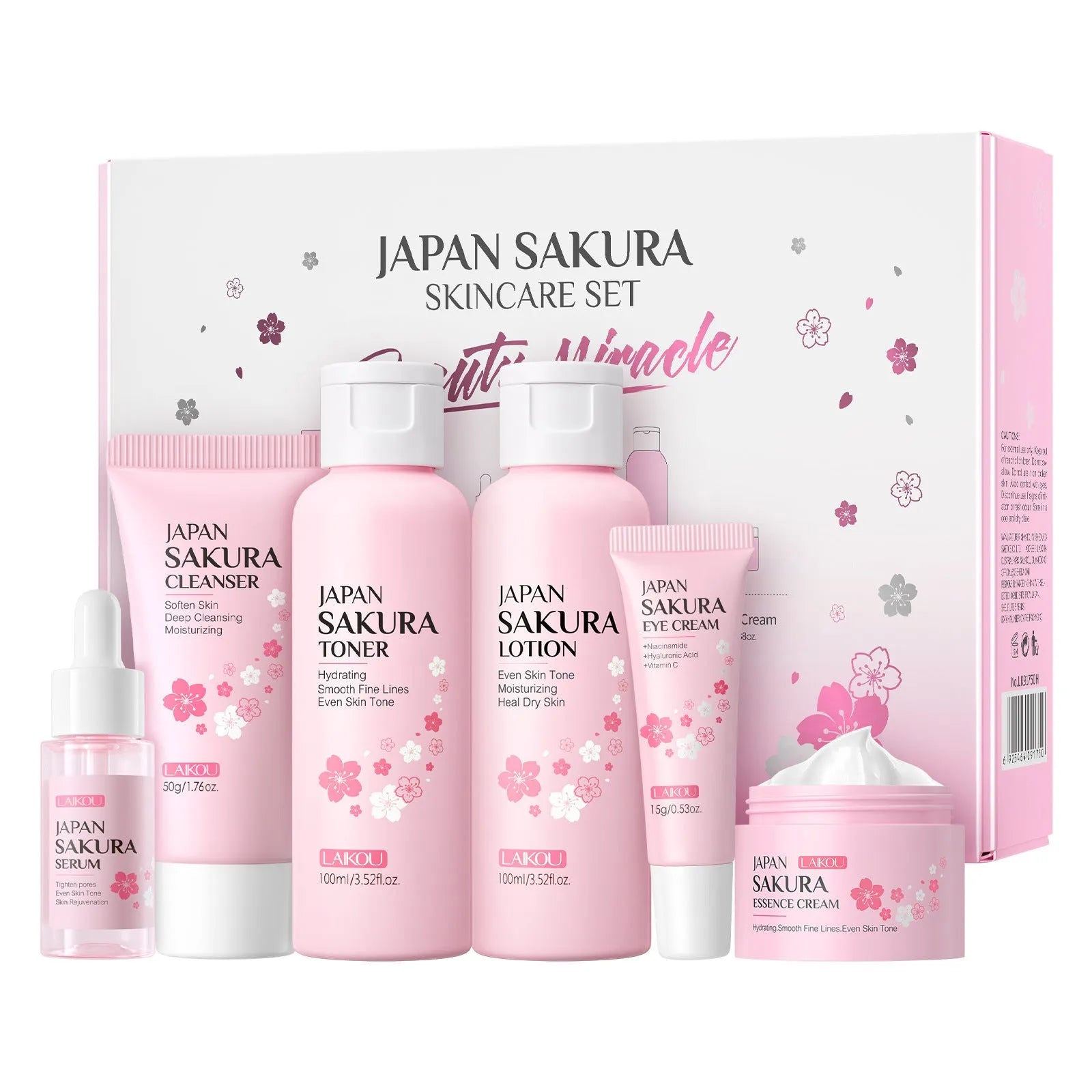 Cherry Blossom 6-piece skin care set with cleanser, toner, cream, essence, eye cream and cream for cleansing and brightening