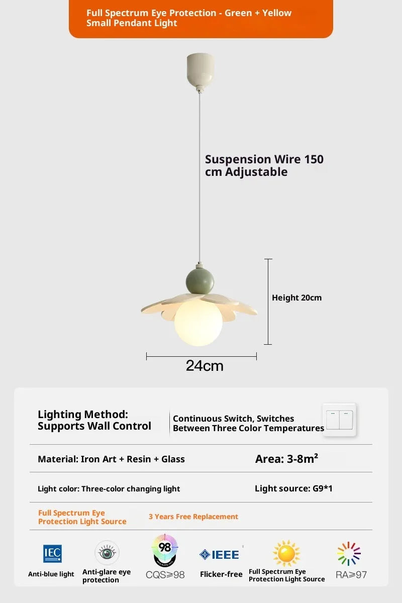 Modern minimalist cream bedside chandelier with pink finish and full spectrum light option for bedroom