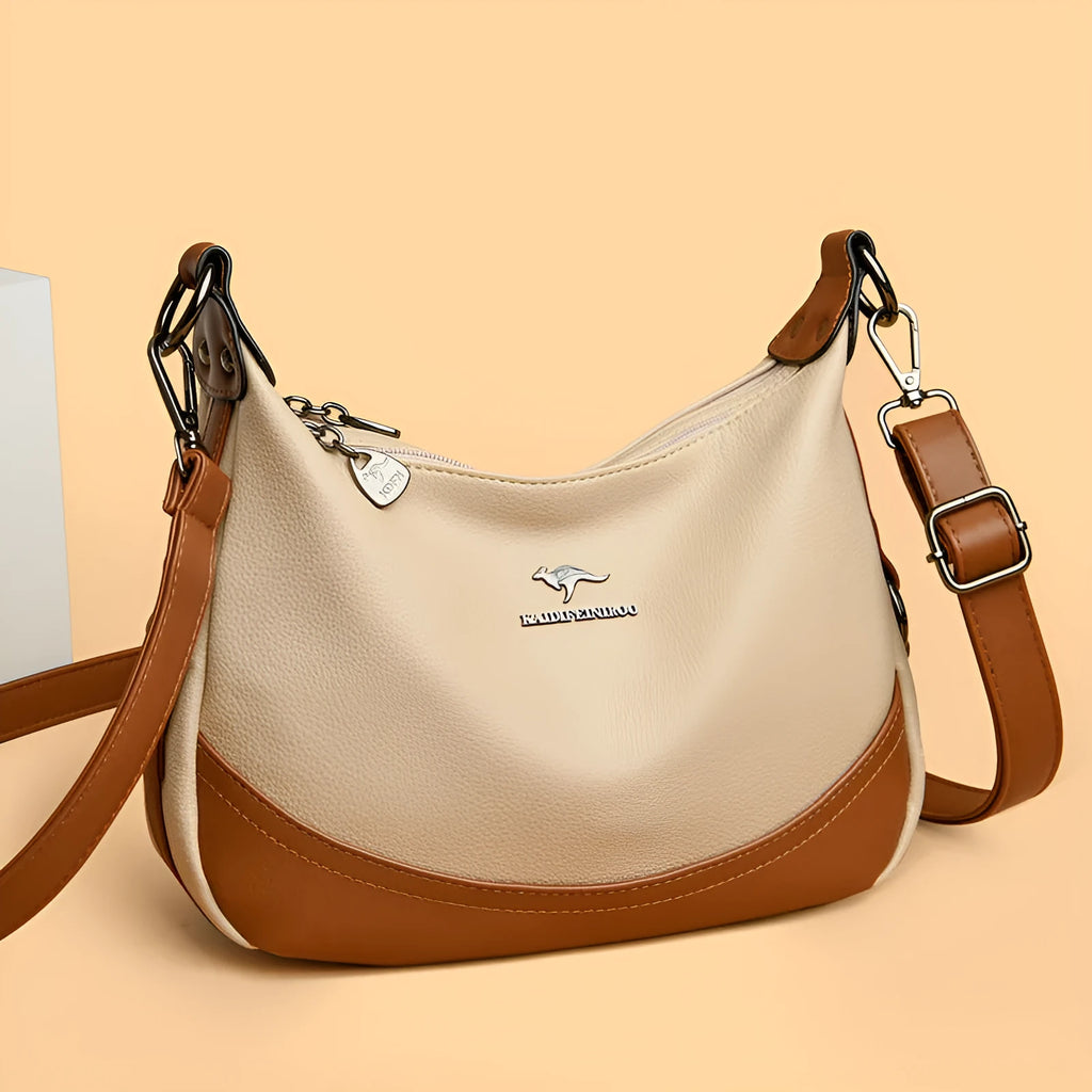 Fashion ladies large capacity shoulder bag in PU leather, horizontal square shape, 30x8x21cm, apricot with khaki colour