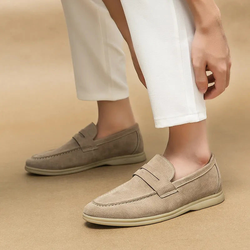 Men's beige slip-on leather casual shoes with round toe and rubber sole