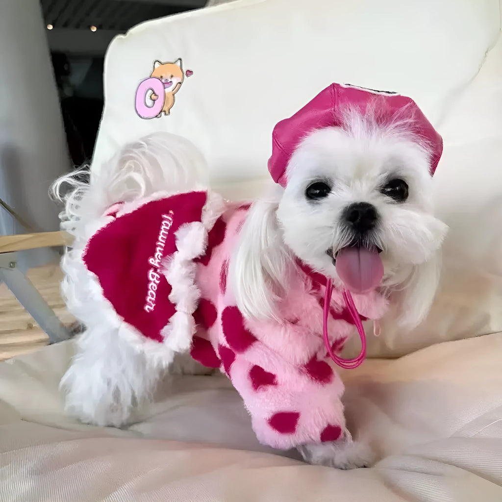 A pink polyester plush warm coat for a small dog, shown on a mannequin.