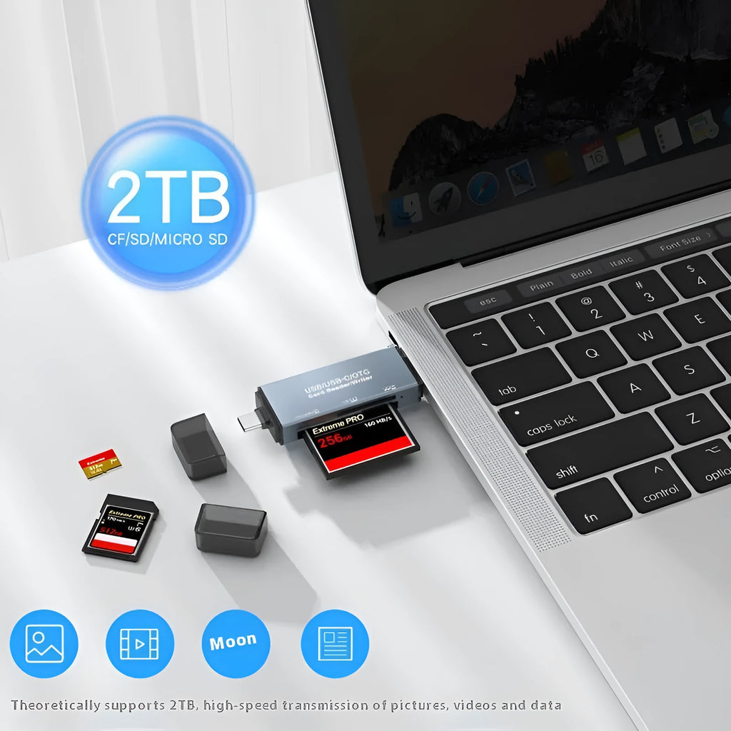 Aluminium alloy CF SD TF three-in-one USB card reader showing its compact size and card slots.