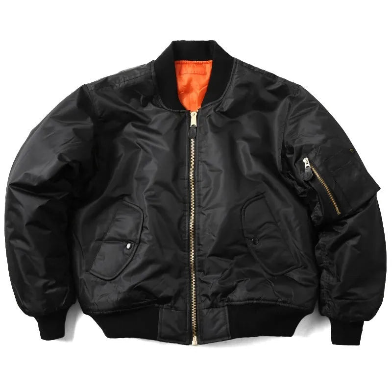 Men's loose fit nylon pilot jacket in army green, shown with cotton padding and double-sided wear-resistant construction.