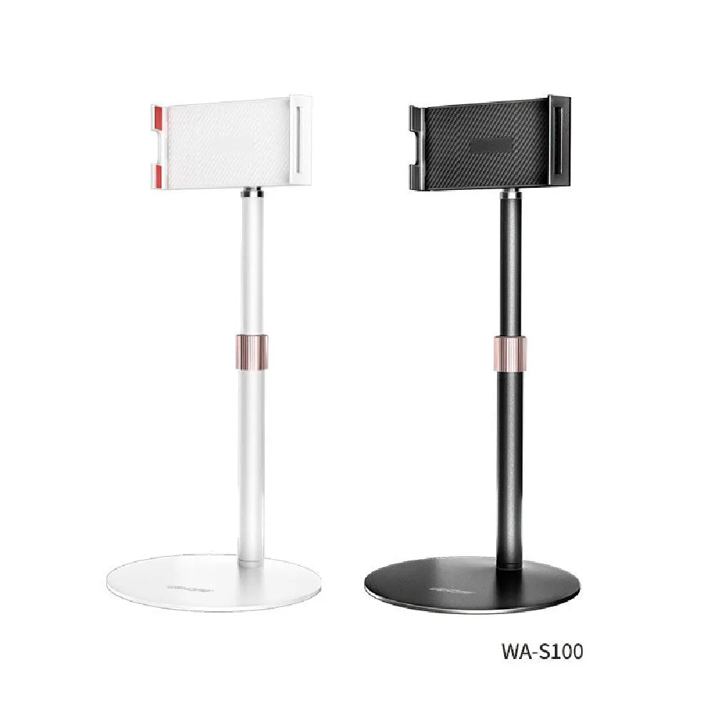 Black adjustable metal tablet lifting bracket extended to 200mm, holding an 11-inch tablet.