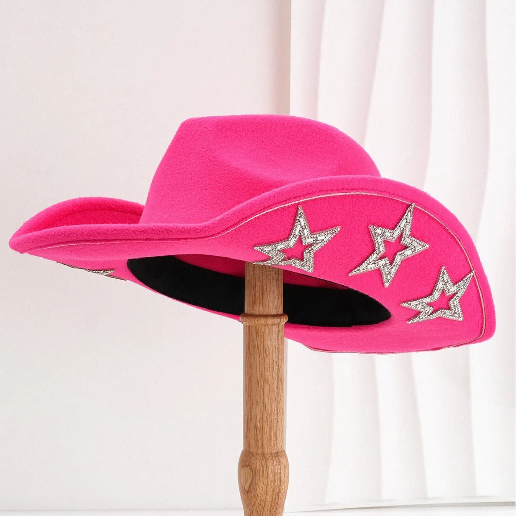 Brown polyester Western denim top hat with a conical crown and a silver hexagonal star decoration on the front.