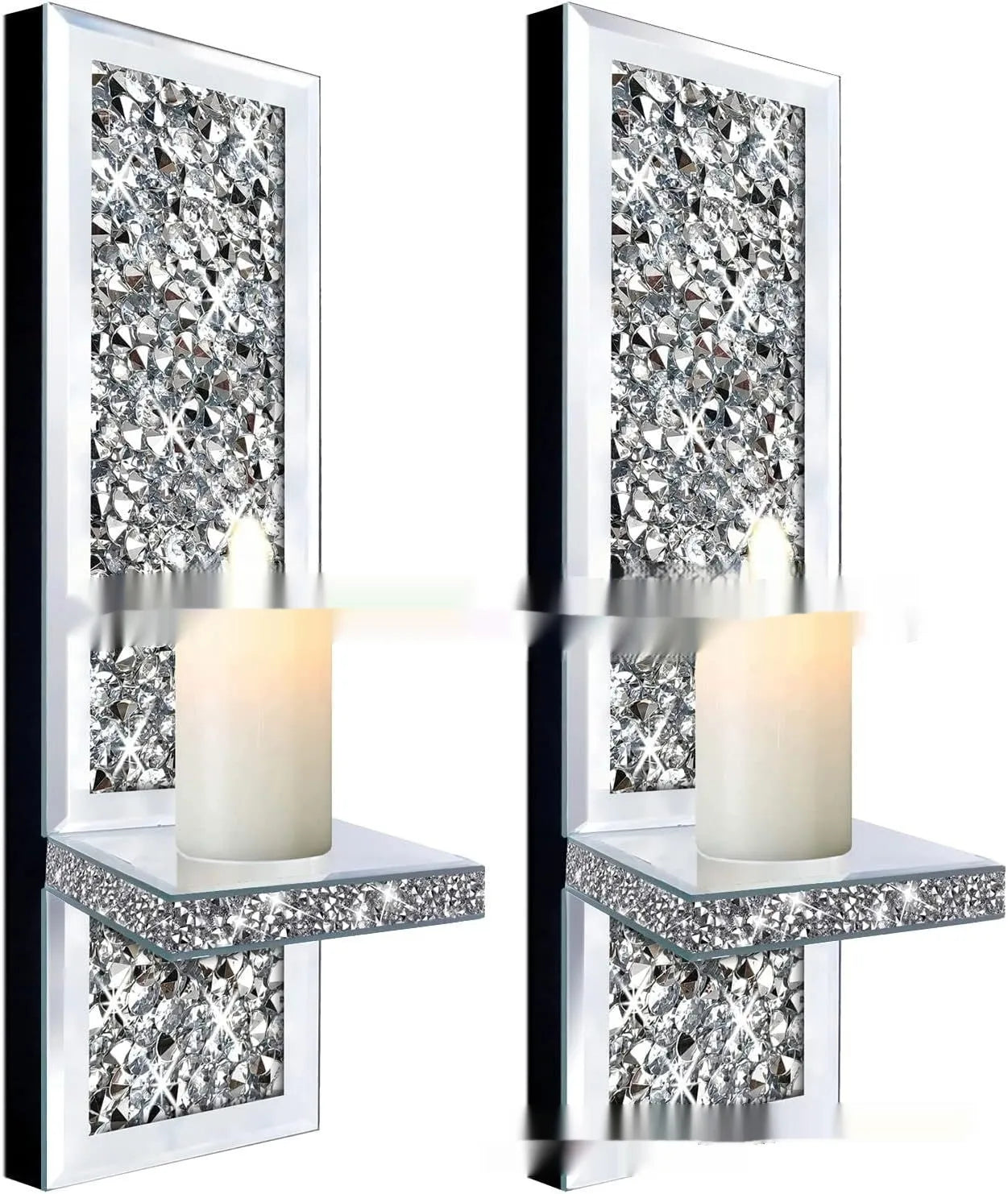 Pair of tall silver mirror glass wall candle holders, modern style.