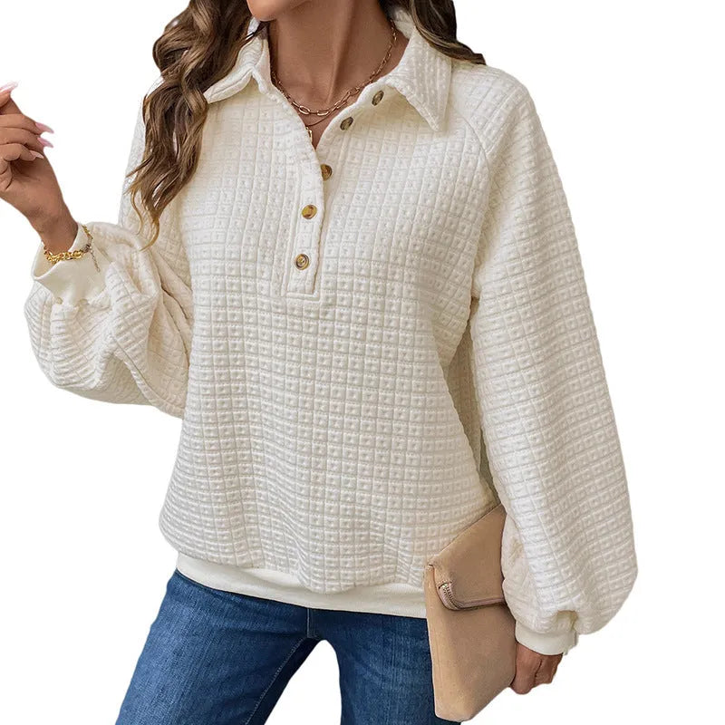 Women's polo collar sweater in solid colour with long sleeves and thickened polyester fabric