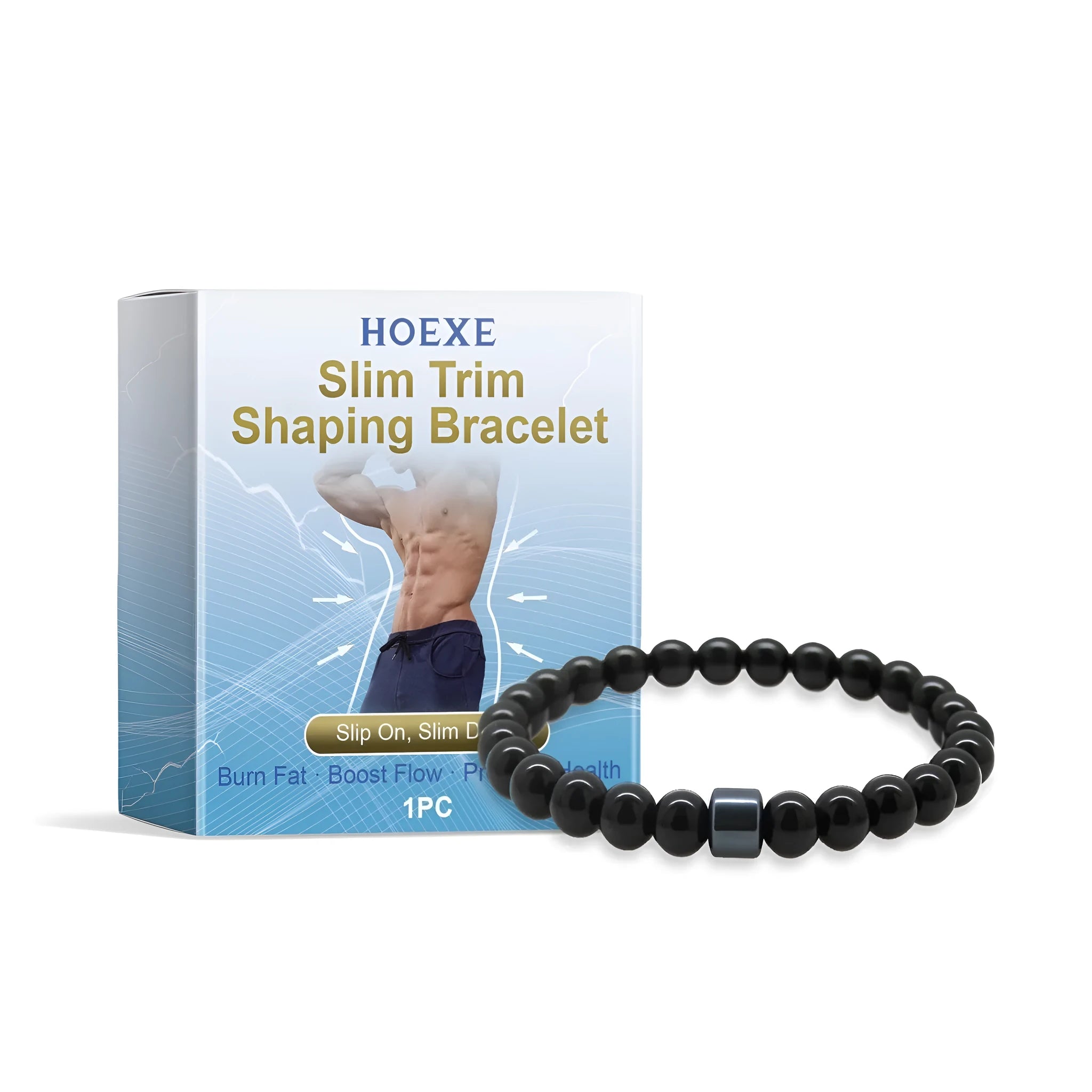 Men's black gallstone and glass bead body shaping wristband bracelet on wrist