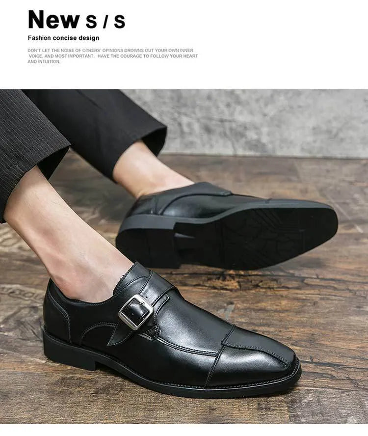 Men's brown blue retro buckle casual shoes with tall crown design and microfiber upper