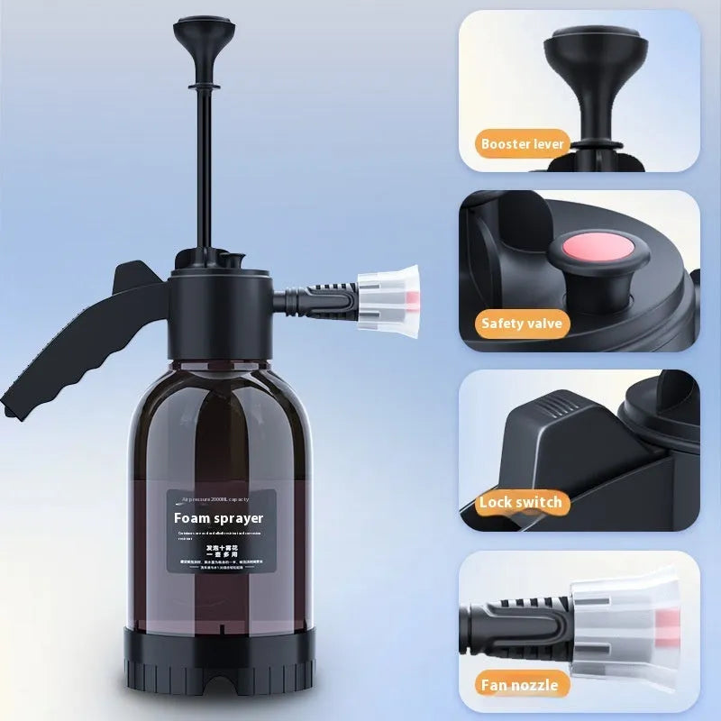 Black hand-held 2L foam sprayer watering can with nozzle, for garden and car washing.