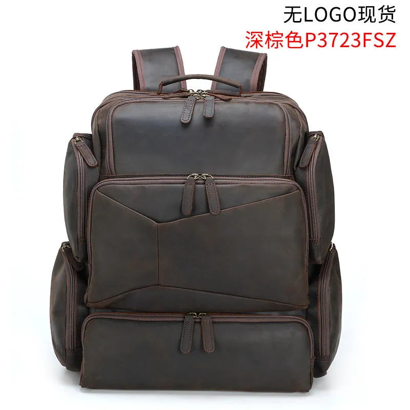 Dark brown genuine leather backpack with 17-inch laptop compartment and double shoulder straps