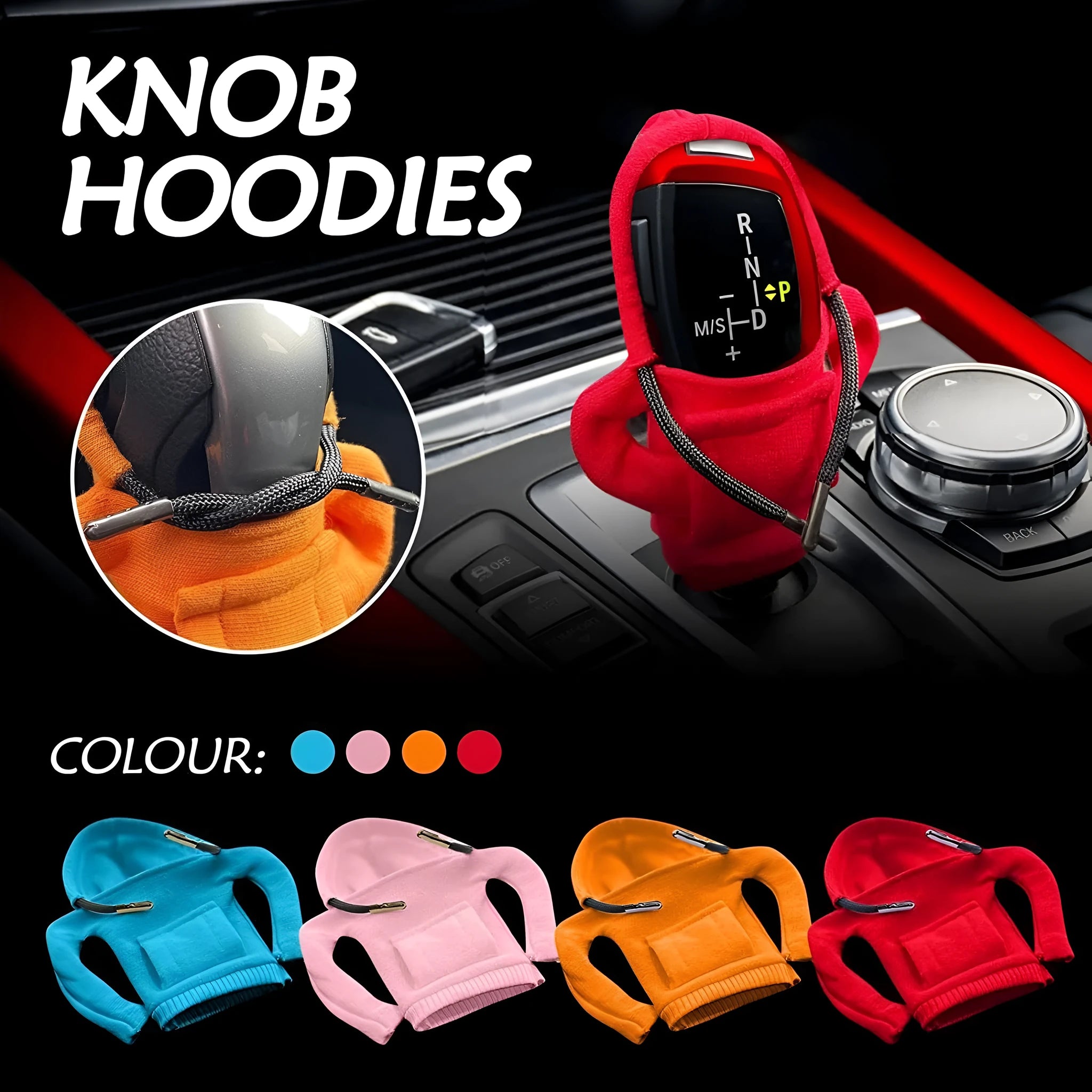 Cloth gear shift knob hoodie cover shown in multiple colours next to a car gear lever.
