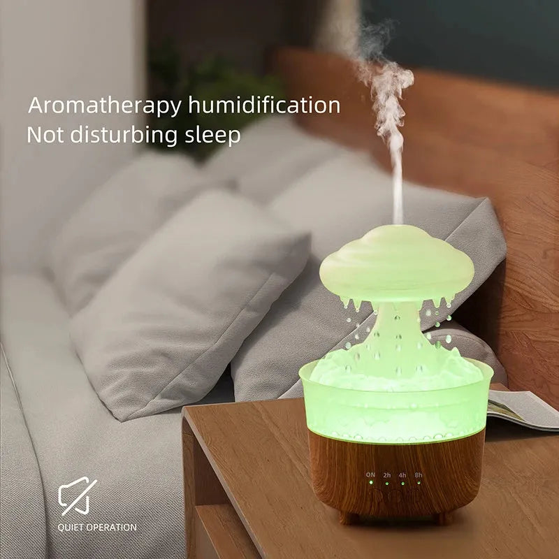 Wood grain white cloud-shaped humidifier with coloured LED lights and gentle mist emission