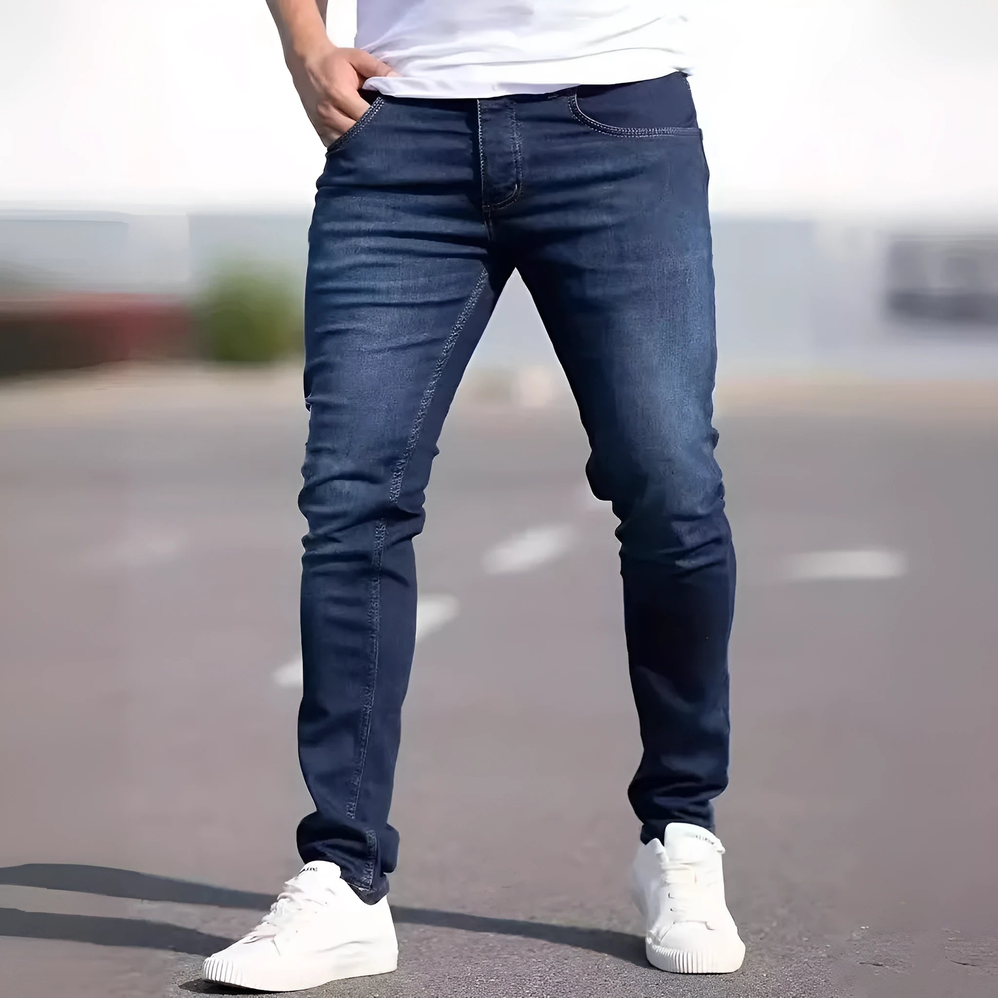 Dark blue men's slim fit casual jeans with mid waist and skinny leg style.