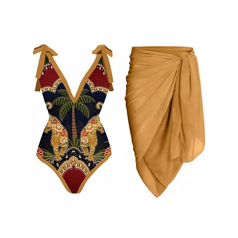 Solid colour women's one-piece swimsuit with spaghetti straps and a matching detachable skirt.