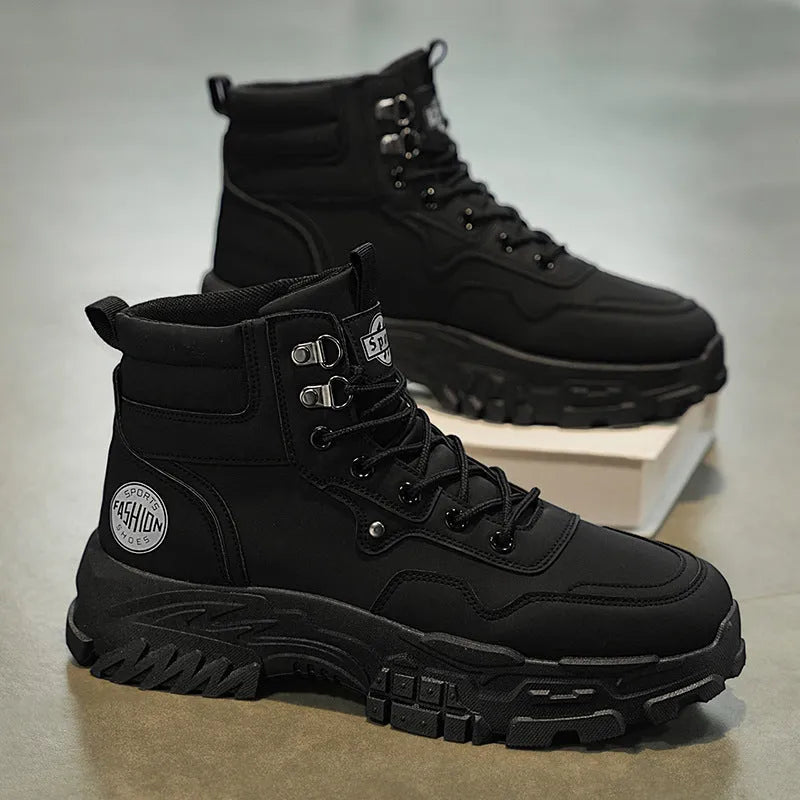Men's black and yellow Martin work boots showing mid-calf height and stout heel.