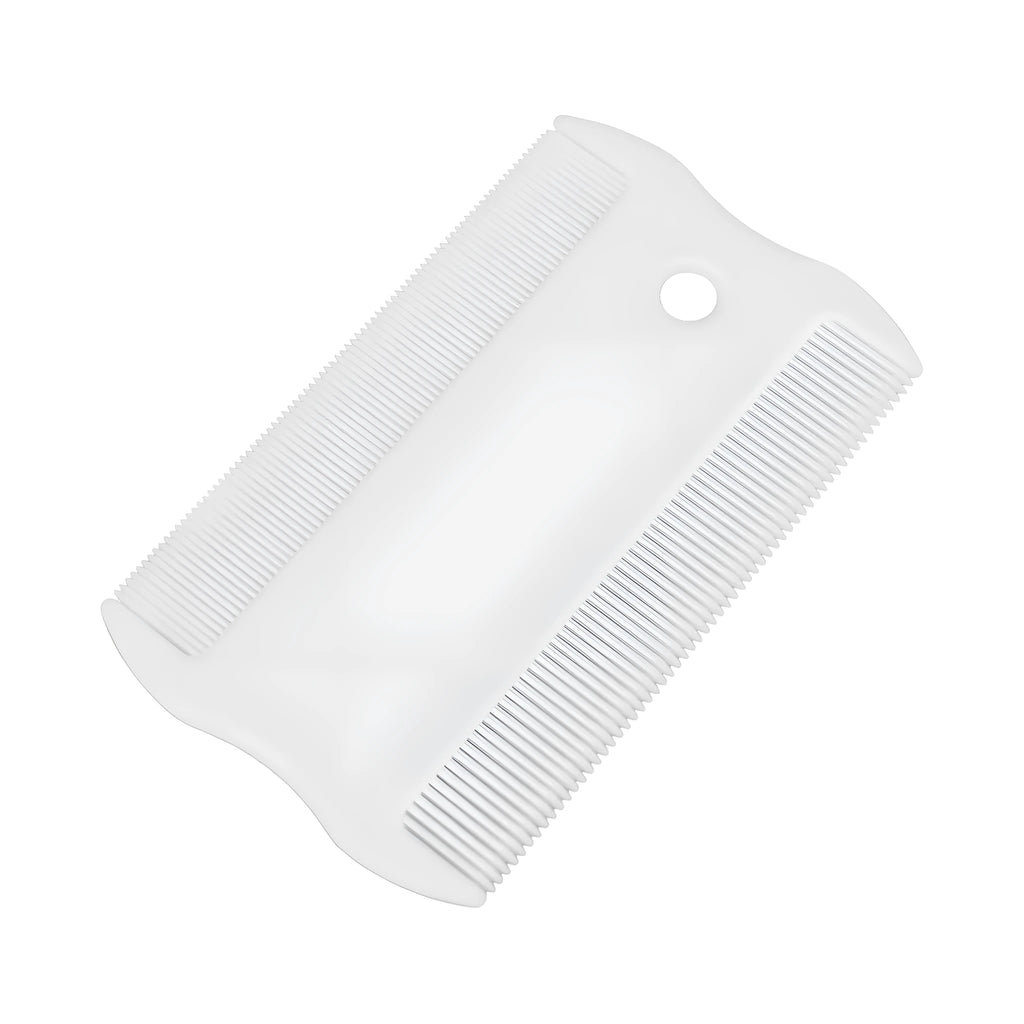 Double-sided plastic flea comb for dogs and cats on a white background.