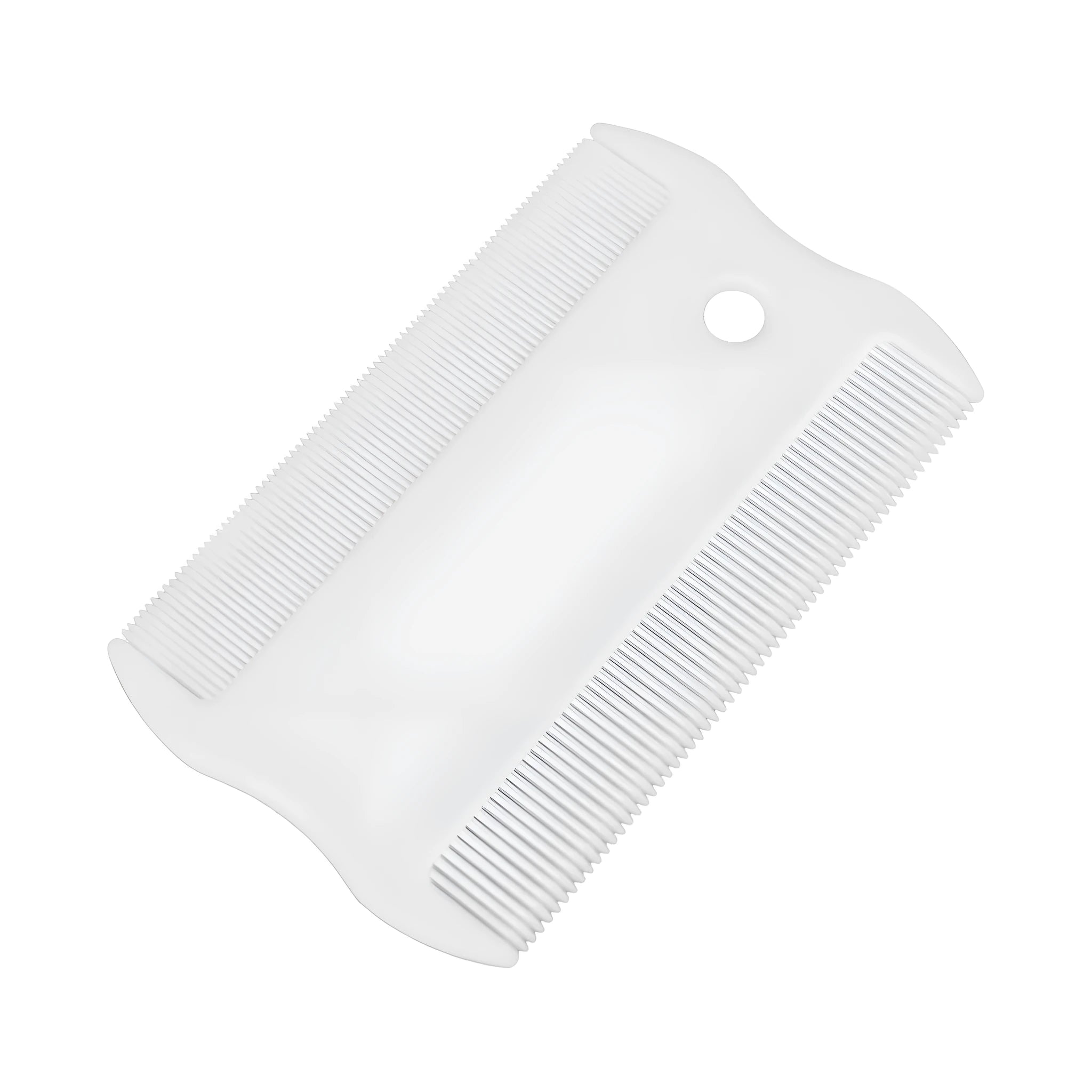 Double-sided plastic flea comb for dogs and cats on a white background.